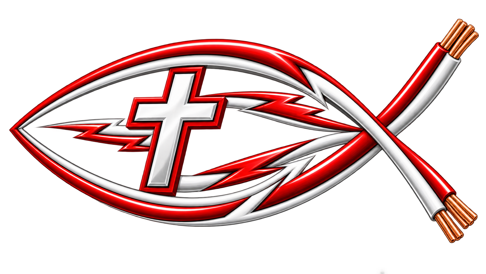 Christian fish symbol with cross and electrical wire